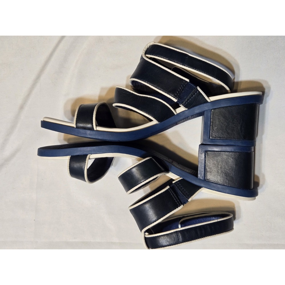 Camper Kyra Block Heel Navy/White Sandals EUR 38/US 8 Leather Comfort Strappy
